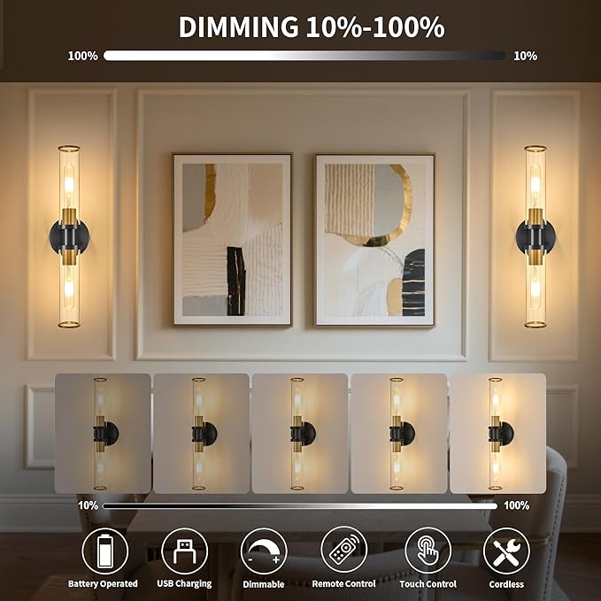 Wireless Wall Sconce with Remote Control, Easy Install Dimmable Rechargeable