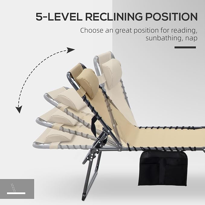 Outsunny Folding Chaise Lounge with 5-Level Reclining Back, Tanning Chair with Face Hole, Outdoor Lounge Chair with Side Pocket & Headrest for Beach, Yard, Patio, Beige