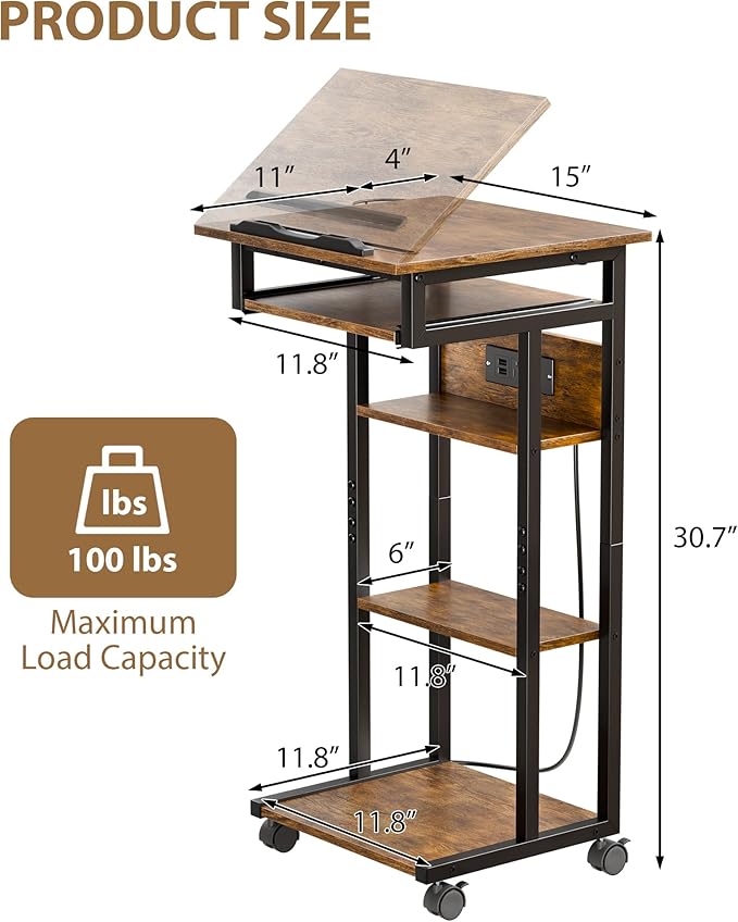 ZIFTY C Shaped End Table with Charging Station, 360° Swivel Couch Table with Wheels, Adjustable Laptop Tray, Sliding Keyboard Shelf & Storage Shelves, TV Tray Side Table for Living Room Bedroom Rustic