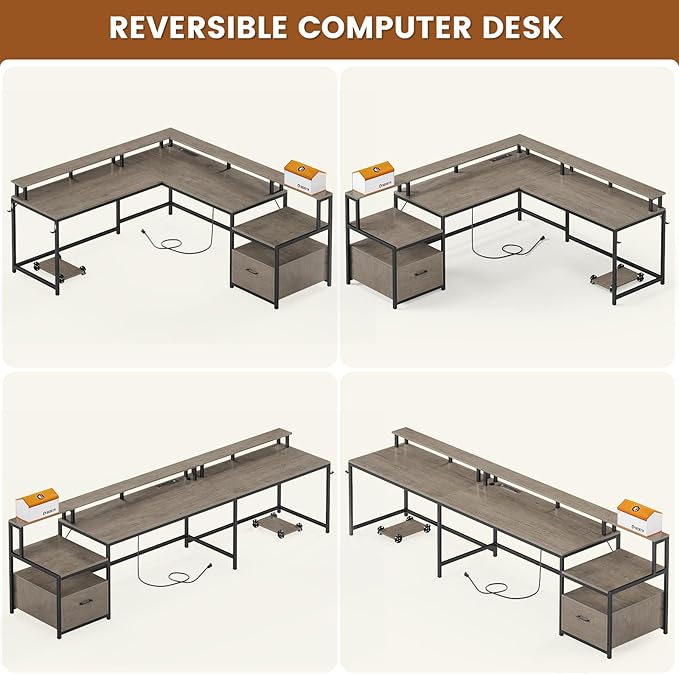 SEDETA L Shaped Desk, 66" Home Office Desk with Wood File Drawer, Power Outlet, Corner Computer Desk with Monitor Shelf, Printer Storage Shelves, Gaming Desk with Led Lights, Two Person Desk, Walnut