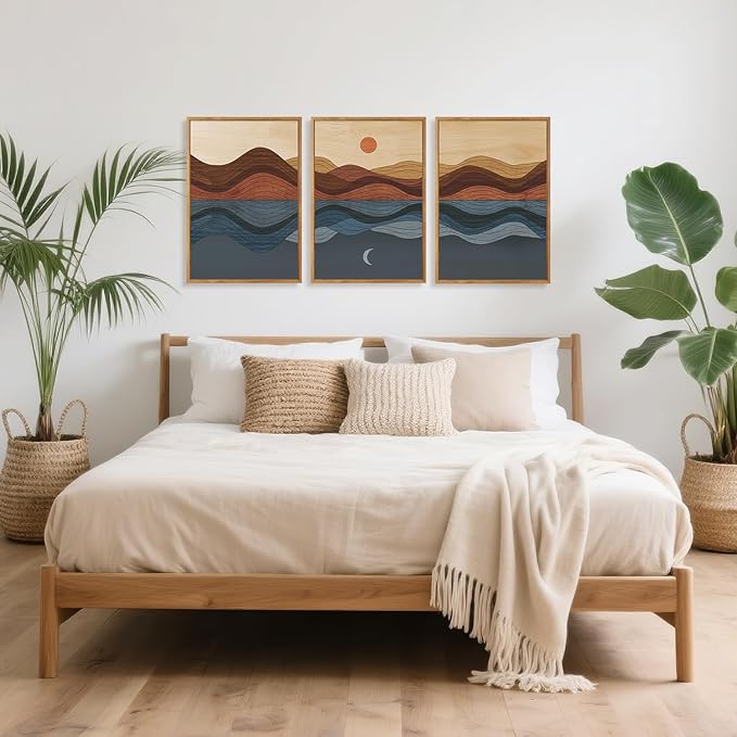 CHDITB Mid Century Modern Framed Canvas Wall Art, Boho Mountain Sun Moon Wall Decor, Abstract Nature Ocean Landscape Artwork, Minimalist Geometric Wave Posters for Living Room Bedroom Office 16"x24"x3