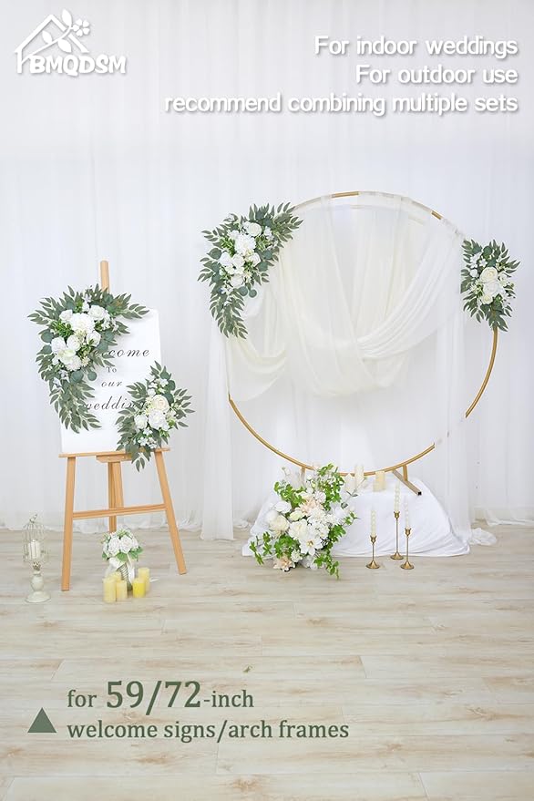 Wedding Welcome Signs Floral(Pack of 2)，Wedding Arch Flowers for Wedding Decorations and Reception Backdrop Decoration (New White)