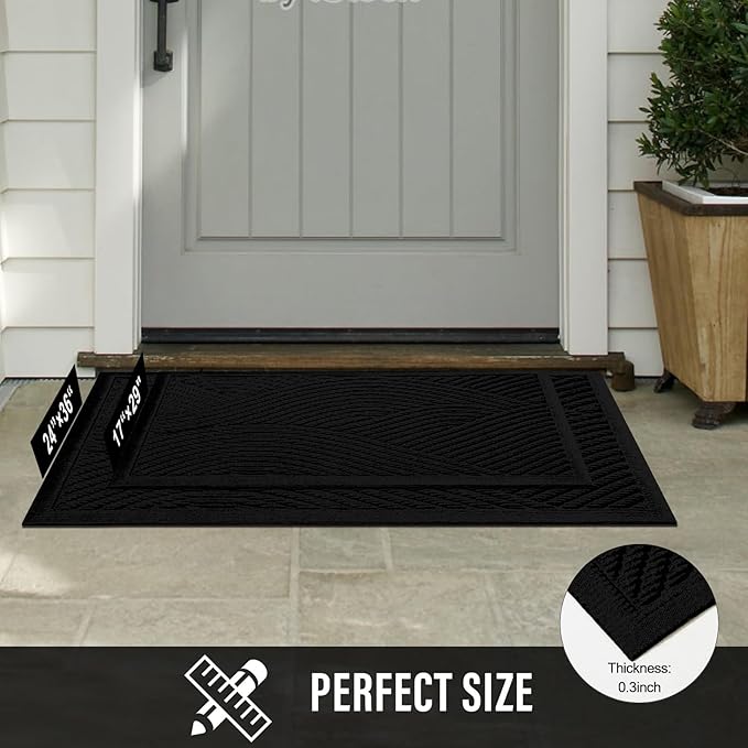 Sturdy Front Door Mat, Absorbent Muddy Dirt Resist Welcome Door Mats Outdoor Indoor, Stain and Fade Resistant, Non-Slip Backing Entry Mat Low Profile Doormat for Entryway, 36×24, Black
