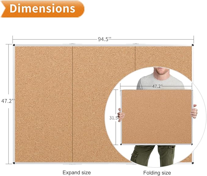 VIZ-PRO 96" x 48" Large Cork Bulletin Board, Foldable & Wall-Mounted Notice Pin