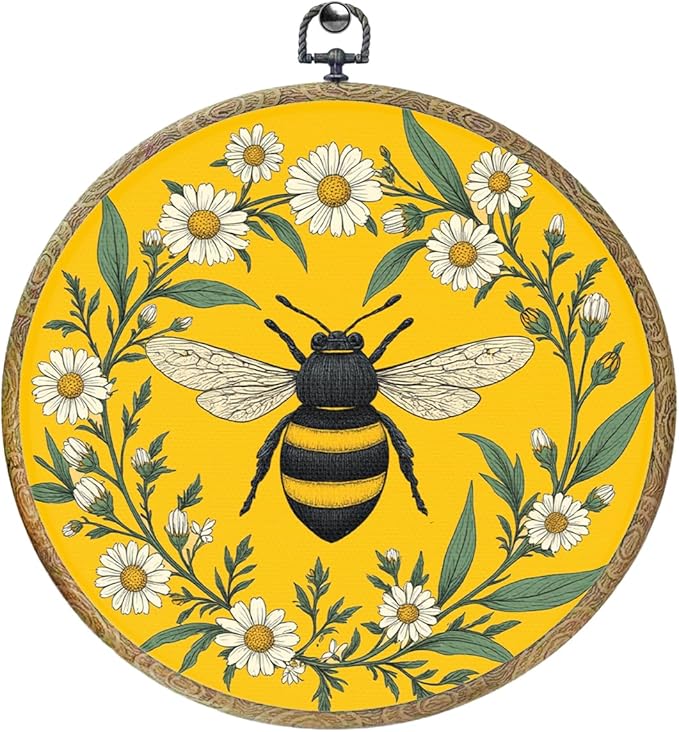 Cute Gold Vintage Floral Bee Gifts Bee Kitchen Decor Boho Art Framed Round Wall Decor Canvas Wall Art Hanging Prints Artwork for Home Garden Nursery Bedroom Living Room Decorations 10.2X10.2 Inch