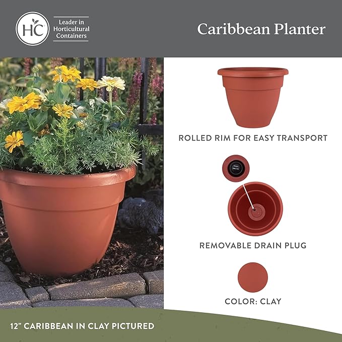 The HC Companies Caribbean Planter Pot - Outdoor & Indoor Plant Pot with Drainage Hole & Plug - Rolled Rim Plastic Pots for Plants & Flowers - Decorative Plant Pot (16" Clay, Pack of 1)