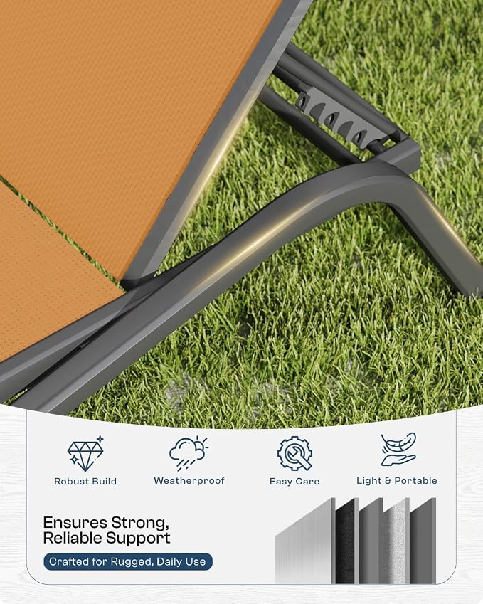 Set of 2 Patio Chaise Lounge Chairs, All-Weather Aluminum Pool Loungers for Outside, 5-Position Adjustable Sunbathing Chair for Deck, Backyard & Poolside, Rust-Proof, Solar Orange
