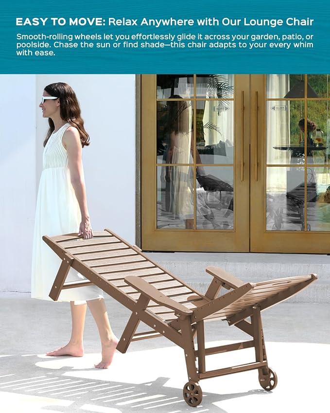 Ciokea Outdoor Lounge Chair Set of 4, All Weather Patio Chaise Lounge Chairs for Outside, HDPE Chair with Rolling Wheels & Cup Holder, 5 Position, Deck, Pool, Brown
