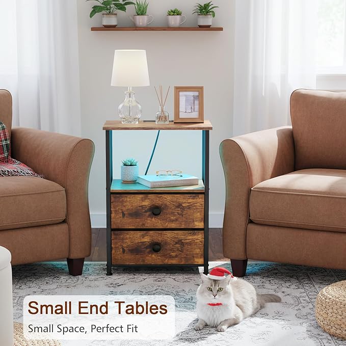 Night Stand Set 2, LED Nightstand with Charging Station, End Tables with Storage Shelf, Bedside Table with 2 Fabric Drawers for Bedroom, Small Spaces, Rustic Brown HETS02PBR