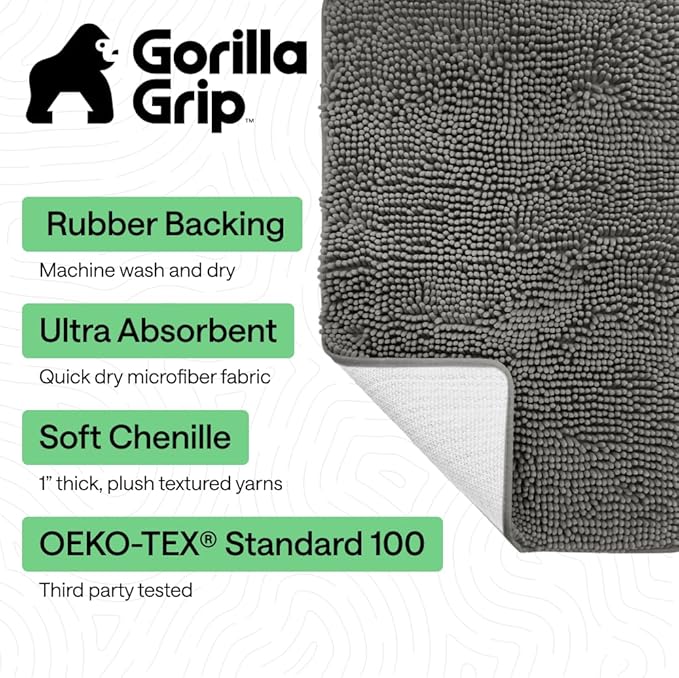 GORILLA GRIP Bath Rug Mat 60x24, Soft Absorbent Chenille, Quick Dry Microfiber Mats, Rubber Backing Washable Shower Floor Rugs, Bathmat Runner, US Designed Bathroom Home Decor Accessories Charcoal