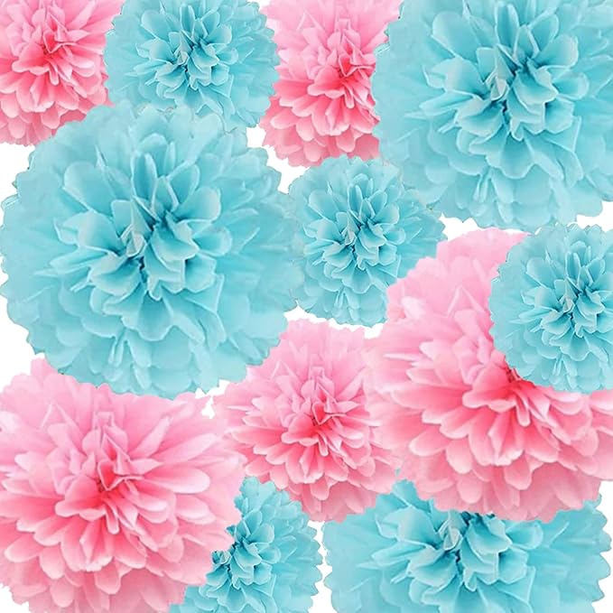 We Moment Tissue Paper Pom Poms Decorations - Pink & Blue Paper Flowers 12 pcs - Gender Reveal Party Decorations for Baby Showers