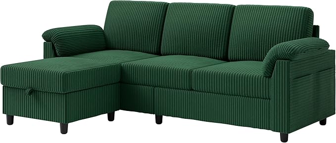 Vongrasig Convertible Sectional Couch, 3 Seat L Shaped Sofa with Removable Pillows Linen Fabric Small Modern Couch Mid Century for Living Room, Apartment and Office, Green