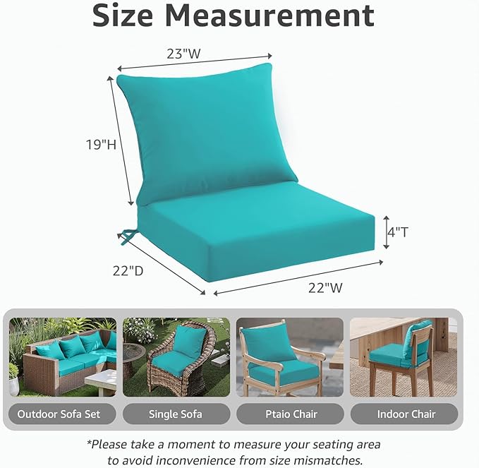 PatioGlow Outdoor Seat Cushion Set 22 x 22 x 4 Inch, Waterproof & Fade Resistant Patio Furniture Cushions with Removable Cover and Ties, Thick Deep Seating Pads for Outside Chair Sofa Couch, Teal