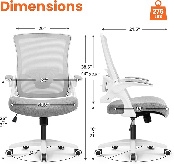 NEO CHAIR Office Desk Chair Computer High Back Mesh Gaming Seat with Ergonomic Adjustable Comfy Flip-up Armrests Lumbar Support Height for Home (Grey)