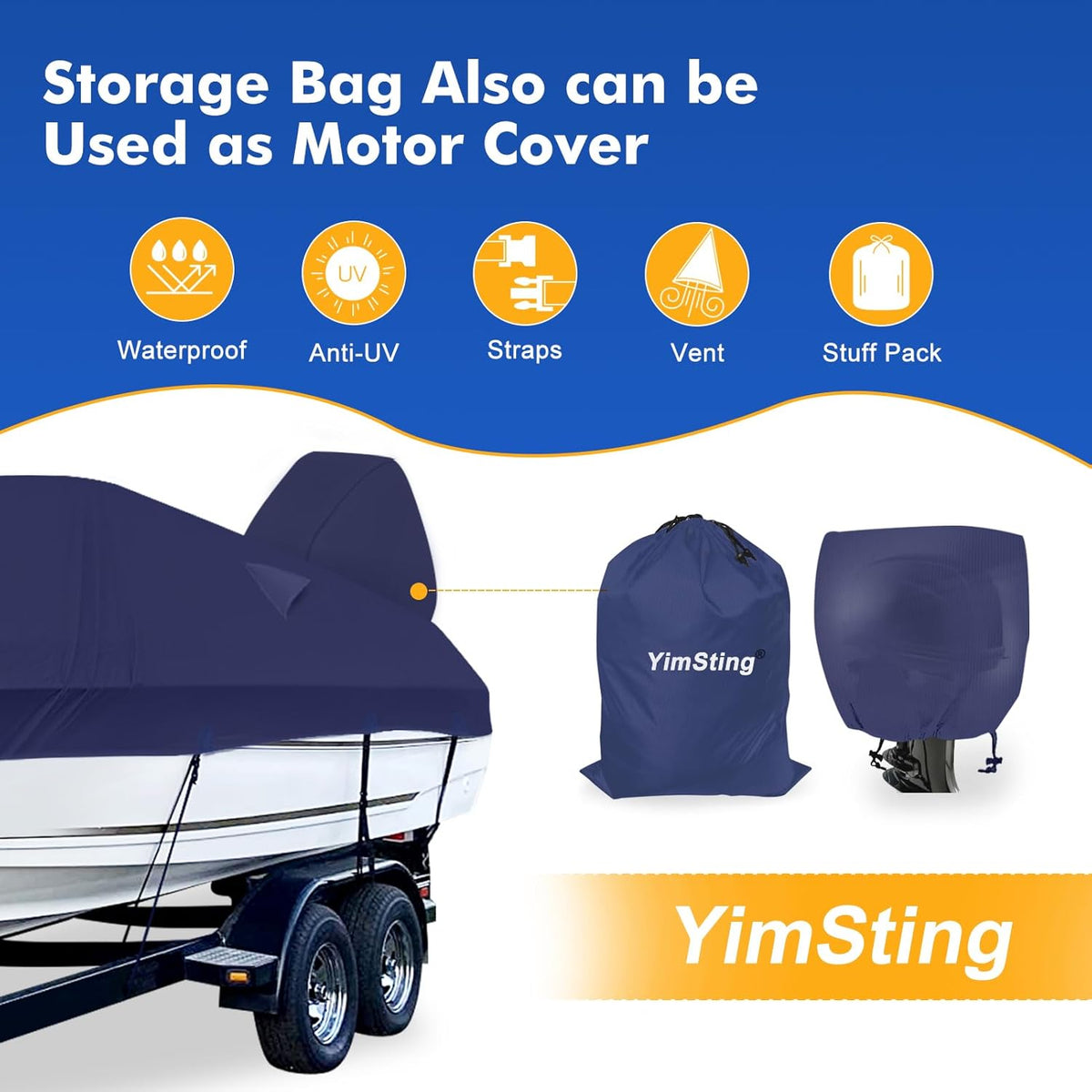 1200D Waterproof Boat Cover - Heavy-Duty Canvas for 16' to 18.5' Bass, V-Hull & Runabout Boats - Navy Blue
