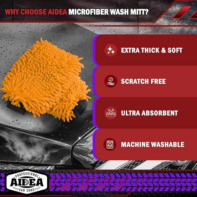 AIDEA Car Wash Mitt Microfiber, 2PK Scratch Free Lint-Free, Premium Chenille Microfiber Mitt Car Wash Brush, Orange, Extra Large Size 8''X12''