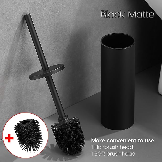 Toilet Bowl Brush Stainless Steel Black Toilet Brush and Holder Set Premium Toilet Brush Freestanding Includes 2 Brush Heads - Enclosed Concealed Design (Black)