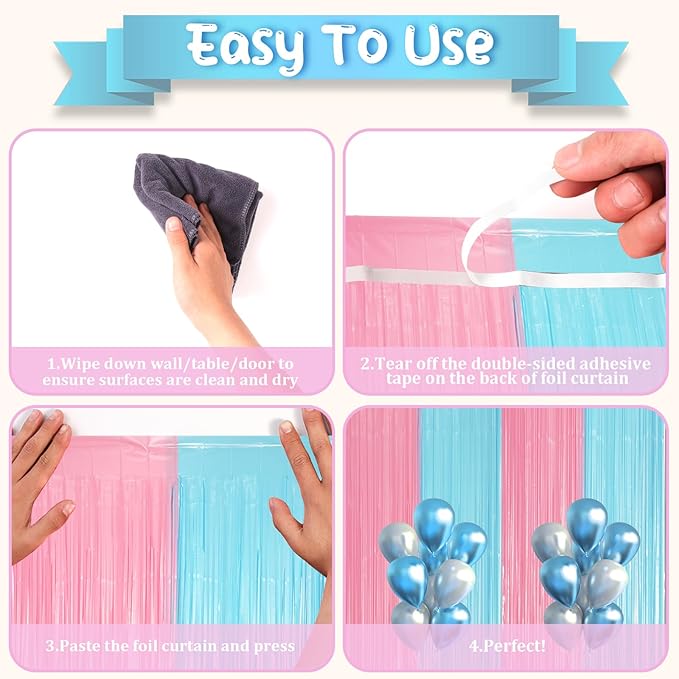 3 Pack 3.3 x 8.2 ft Pastel Blue and Pink Foil Fringe Backdrop Curtains, Tinsel Streamers Party Decorations, Fringe Backdrop for Grender Reveal, Baby Shower, Birthday Party