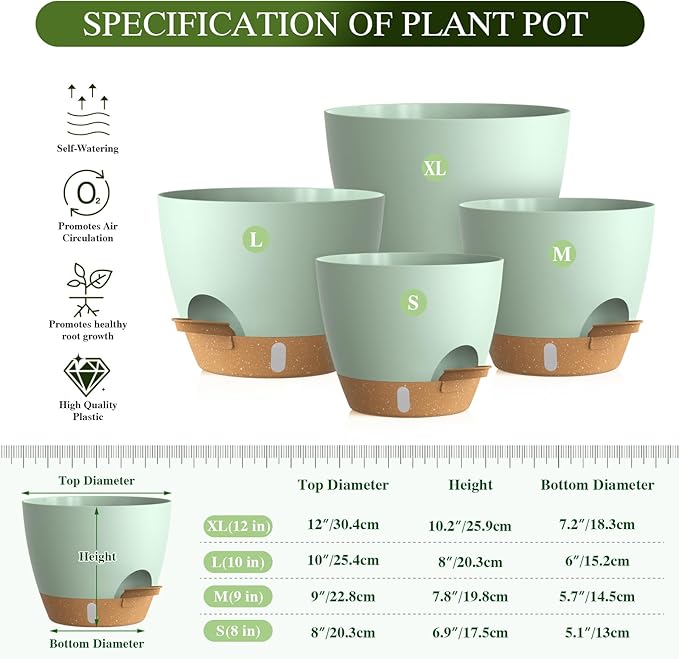 Plant Pots, 4 Pack 12/10/9/8 Inch Self Watering Pots with Drainage Holes, Water Level Indicator Deep Reservoir, Large Planters for Indoor Outdoor Plants - Green Brown