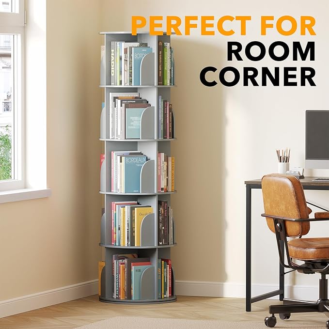 SpaceAid 5 Tier Rotating Bookshelf Tower, Spinning Bookcase Lazy Susan, Revolving 360 Book Shelf Storage Round Carousel, Vertical Rotate Turning Spiral Corner Organizer, Gray