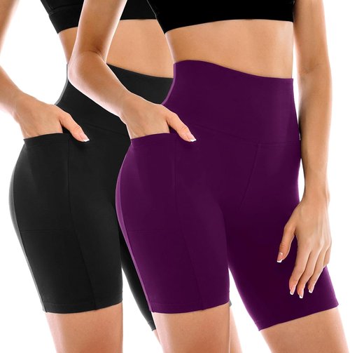 Leafigure Women's Biker Shorts - High Waisted Yoga Shorts with Pockets for Running & Gym | 2 Pack