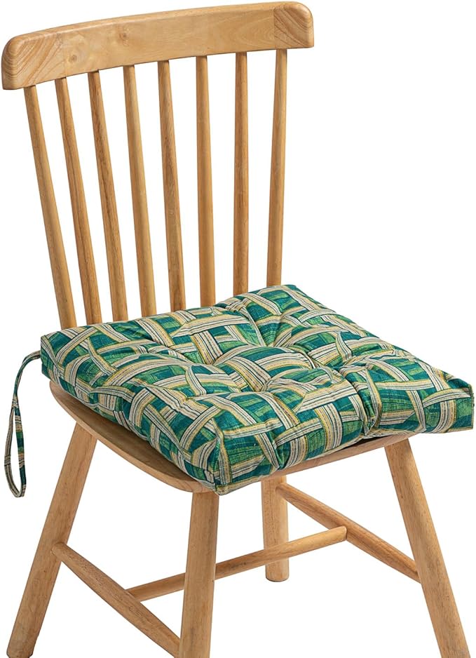 2-Pack Outdoor/Indoor Wicker Patio Seat Cushion Pad with Ties - Dining Chair Cushion, 17" x 17" (Green Plaid)
