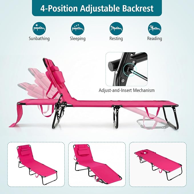 GYMAX Tanning Chair, Folding Lounge Chairs with Face Hole & Cover, Removable Pillow Carry Handle, Portable Compact Outdoor Layout Recliner for Beach, Poolside, Lawn, Patio, Camping (Pink,1)