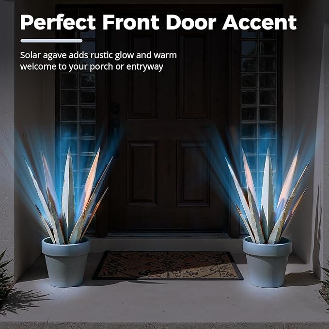 KODIBO 24” Large Solar Metal Agave Plants Outdoor Decor, Tequila Rustic Sculpture Outdoor Statues, Garden Sculpture for Patio Path Courtyard and Lawn (Vintage Blue-Solar Light)
