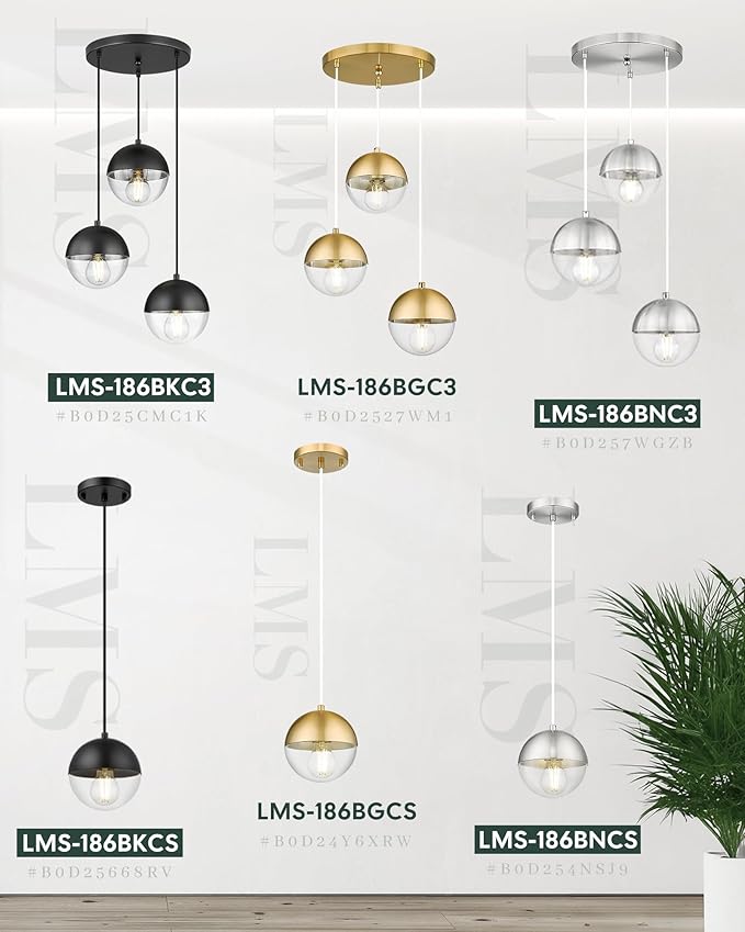 LMS 6-inch Industrial Pendant Light, Brushed Nickel Hanging Light Kitchen Island with Clear Globe Glass, Adjustable Hanging Pendant Light Fixtures for Dining Room Living Room Guest Room, LMS-186BNCS