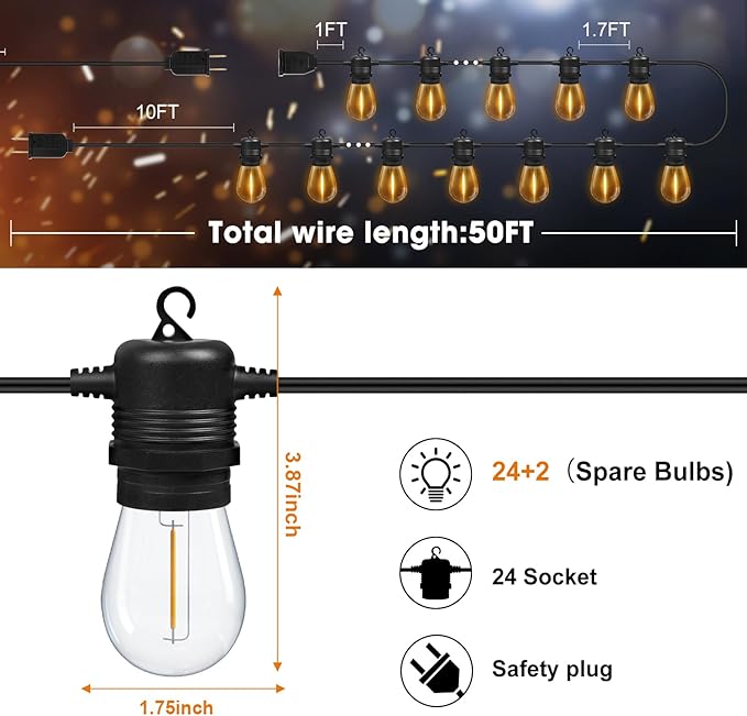 50FT LED Outdoor String Lights with 26 Shatterproof S14 Edison Bulbs (2 Spare), Dimmable Hanging Outdoor Lights for Backyard, Porch, 2700K Warm White