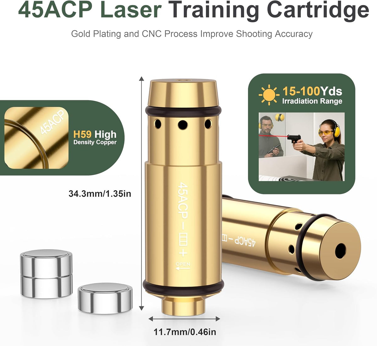 45ACP Laser Training Cartridge - Dry Fire System with Rubber Snap Cap & 3 Batteries for Shooting Practice