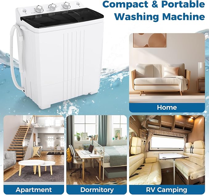 COSTWAY Portable Washing Machine, Twin Tub 20 Lbs Capacity with Drain Pump, Laundry Washer 12 Lbs and Spinner 8 Lbs with Timer Control, Perfect for Apartment Dorm RV, Black+White