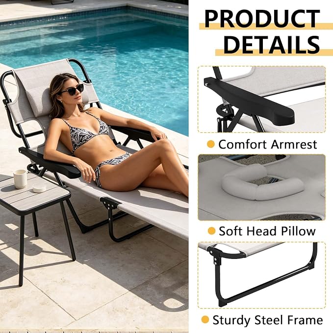 Sun Tanning Chair with Face Hole, Heavy Duty Adjustable 5-Position Folding Laying Out Chairs for Tanning, Beach Lounge Chairs for Adults for Outdoor Sunbathing Patio Pool Lawn (Cream White)