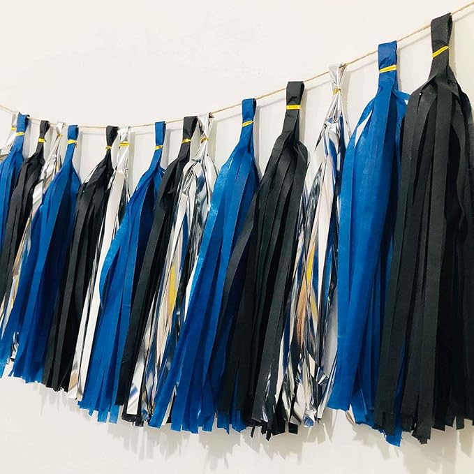 We Moment Black Navy Blue and Silvery Tissue Paper Tassels Party Tassel Garland Banner for Black Blue Party Decorations, DIY Kits,15PCS