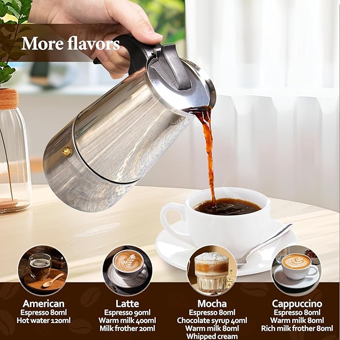 6 Cup Moka Pot Percolator Italian Coffee Maker 300ml Stovetop Espresso Mocha Stainless Steel Greca Coffee Maker Classic Cafe Makers Suitable for Induction Cookers Ceramic Stoves Straight