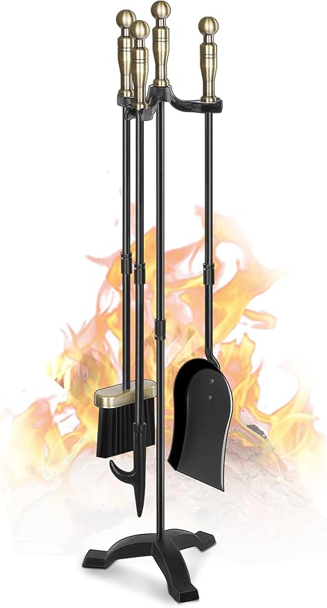 Gtongoko Fireplace Tools Set 4 Pcs 30 Inch Brass Handles Wrought Iron Large Fire Tool Set for Outdoor/Indoor Include Chimney Poker, Antique Shovel, Rustic Brush and Stand Accessories Set