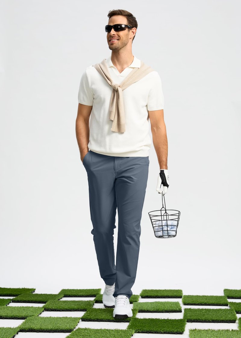Pudolla Men's Golf Pants Work Dress Comfy Pants Casual Slacks Trousers with Pockets(Grey_Blue 35Wx32L)