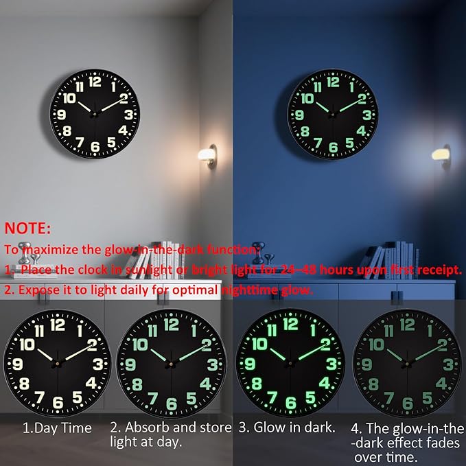 12 Inch Silent Wall Clocks Battery Operated, Glow in The Dark Wall Clock