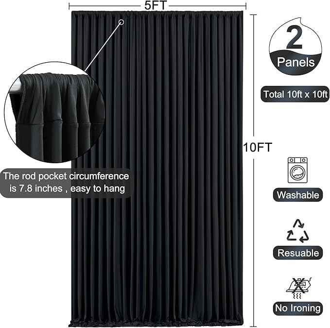 10x10 Black Backdrop Curtain for Parties Wrinkle Free Black Photo Curtains Backdrop Drapes Fabric Decoration for Birthday Party Wedding 5ft x 10ft,2 Panels