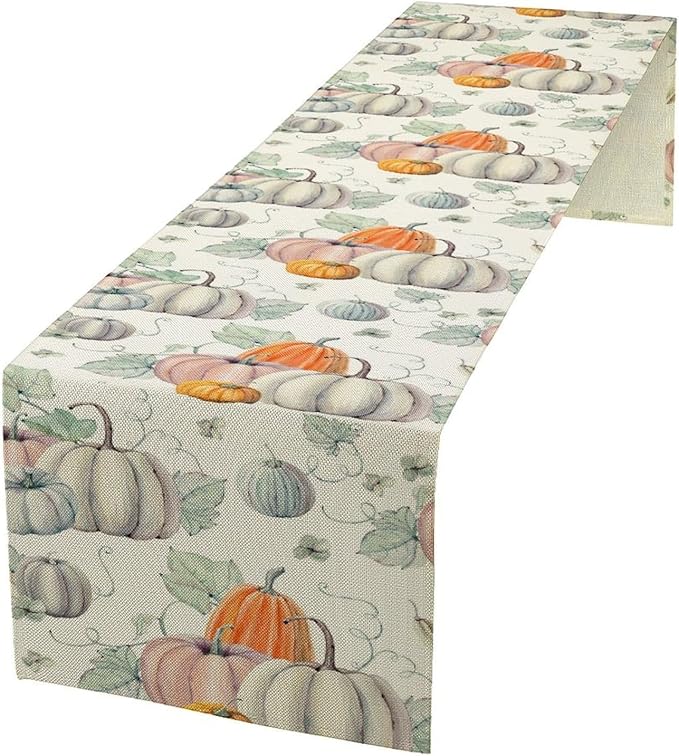 Fall Pumpkin Table Runner Vintage Leaves Plant Motifs Thanksgiving Theme Watercolor Illustration Home Decor for Farmhouse Indoor Outdoor Party Holiday Dining Kitchen Restaurant Cafe W13xL120in