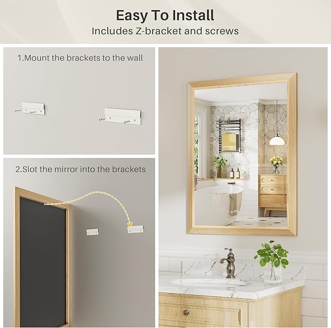 28x36 Inch Bathroom Mirror for Wall, Anti-Rust Oak Wood Grain Metal Framed