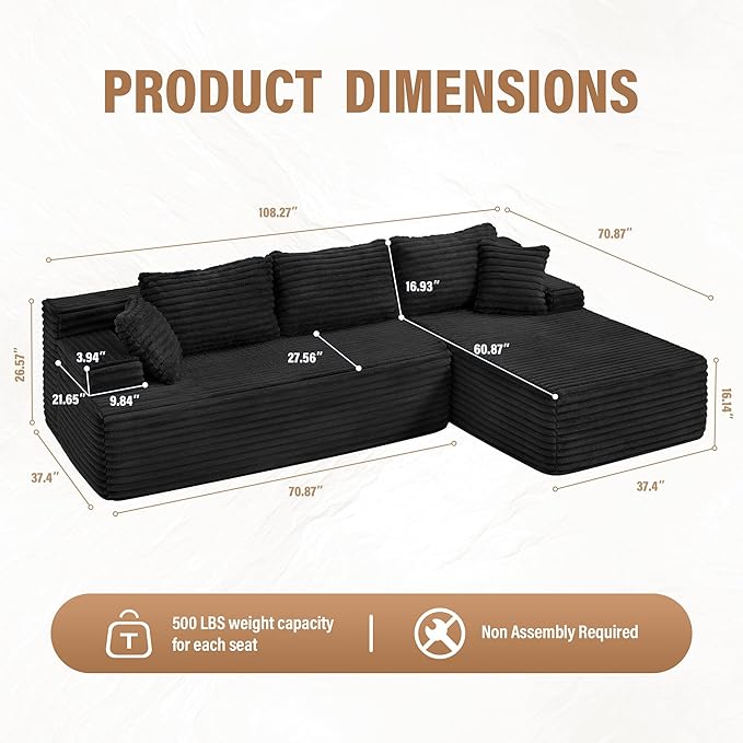 Hobestluk Modular Sectional Sofa Couches L-Shape Couch 3 Seat Modular Sofa Memory Foam Sectional Couches for Living Room, Cloud Couch with Oversized Chaise (Right Facing)