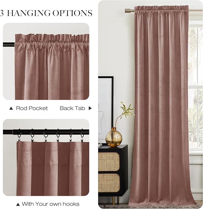 NICETOWN Dusty Pink Velvet Curtains 90 inches Long 2 Panels Set, Thermal