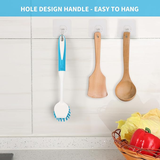 Dish Brush with Handle, 2 Pack Scrub Brushes with Built-in Scraper for Cleaning Kitchen, Pots, Pans and Sink, Scrubber Washing Tools, Blue