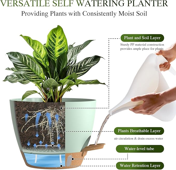 Plant Pots, 4 Pack 12/10/9/8 Inch Self Watering Pots with Drainage Holes, Water Level Indicator Deep Reservoir, Large Planters for Indoor Outdoor Plants - Green Brown