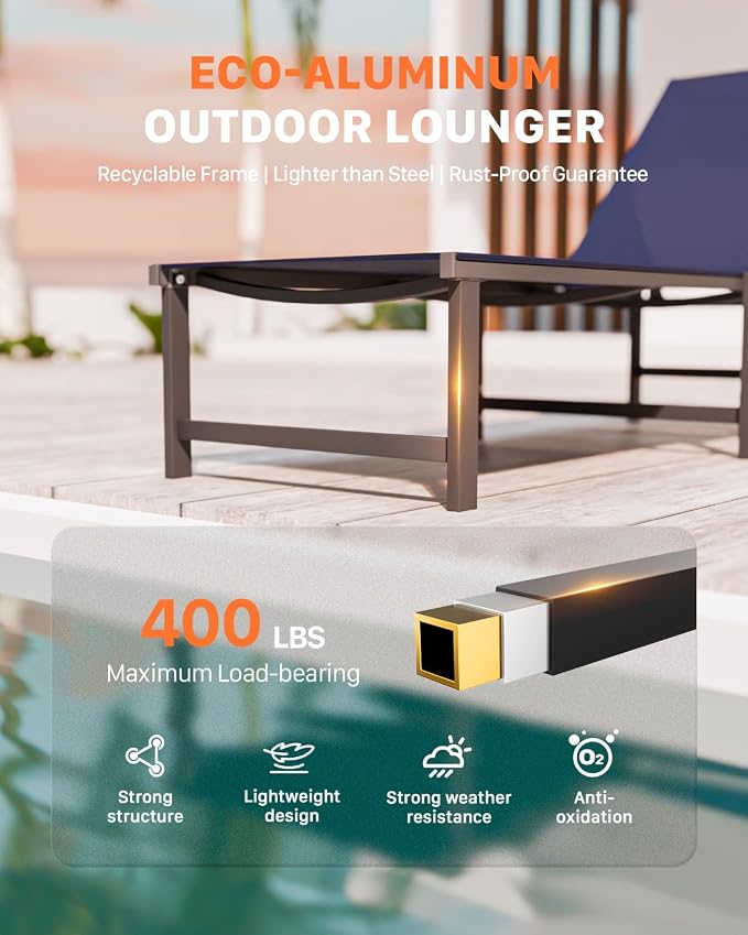 Patio Lounge Chair, Aluminum,5 Adjustable Backrest,1 PieceNavyBlue | Lightweight rustproof aluminum.5 adjustable backrest positions.Breathable quick-dry fabric.For poolside,beach,lawn,backyard.