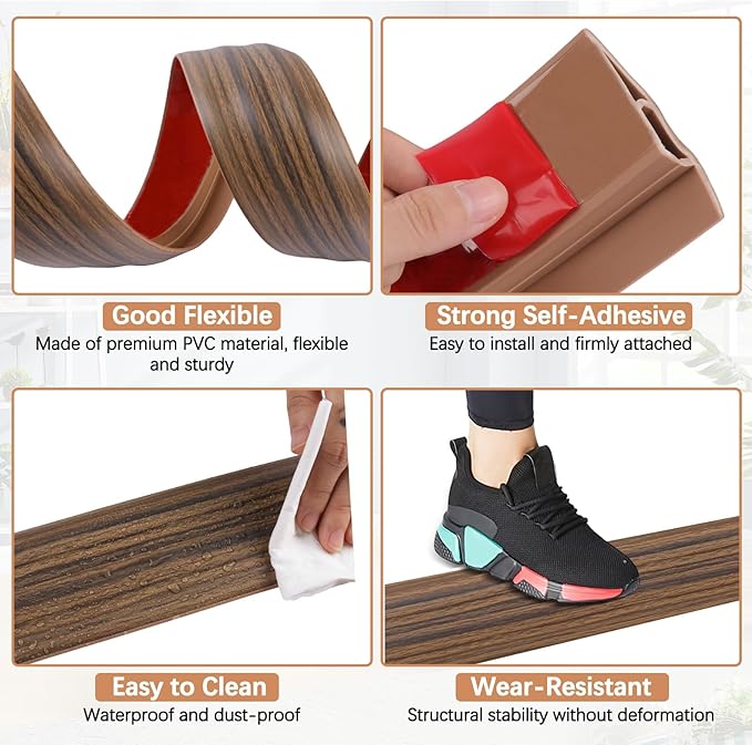 Vinyl Door Threshold Flooring Transition Strip Self Adhesive Carpet Edging Strip for Laminate Doorway Edge Threshold from 3/5" to 4/5" (Smoked Brown Wood Grain, 10 Ft)