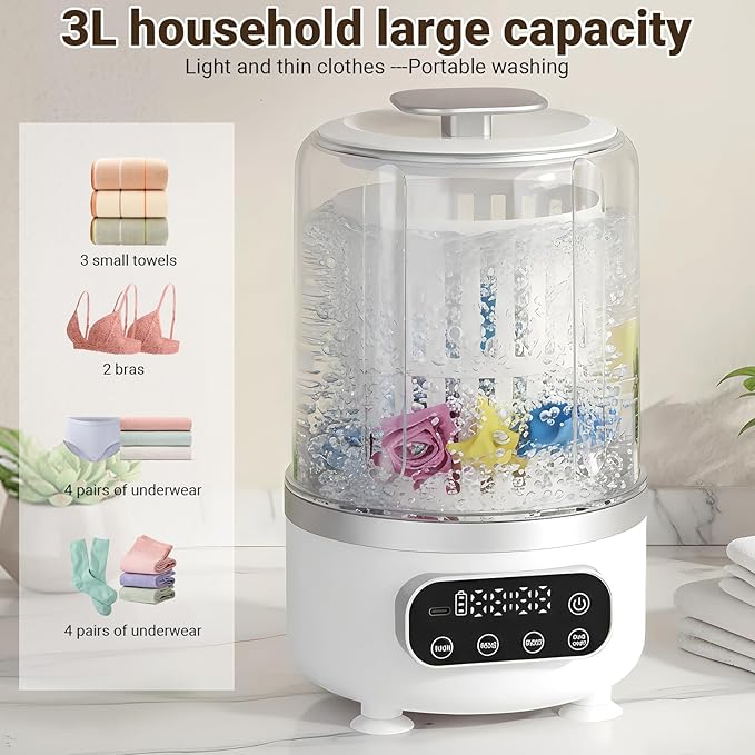 3L Portable Washing Machine,3 In 1 Portable Washer-Dryer Combo, Home Mini Underwear-Specific Washing Machine，3 Modes 3000mAh Laundry Machine for apartments, dormitories, travel, and hotels (White)
