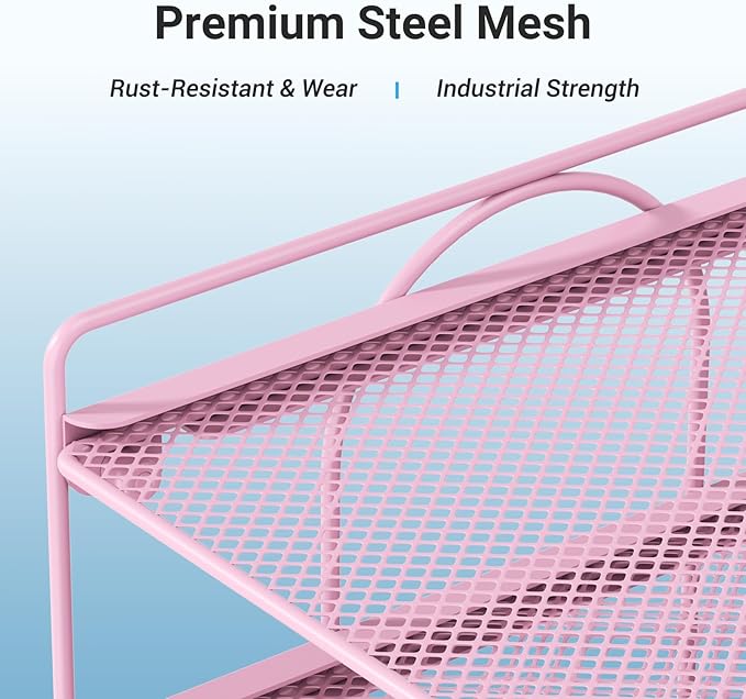 Desk Organizer, 4-Tier Paper Organizer Letter Tray with File Holder, Drawer and 2 Pen Holders, Desktop File Organizer for Office Supplies, Workspace Storage, Pink