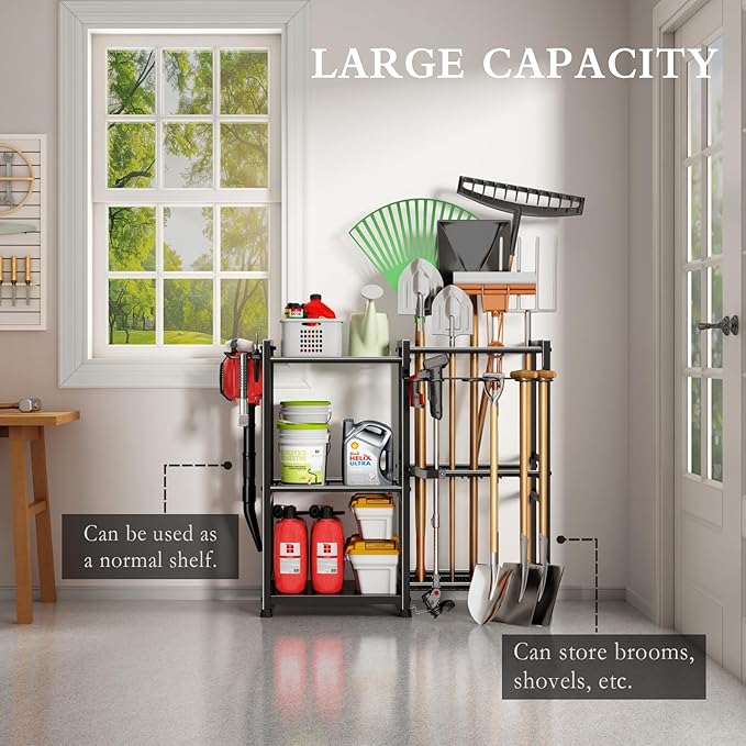 CICUFY Garden Tool Organizer Storage Metal Yard Tool Organizer Heavy Duty Garden Tool Rack Stand with 2 Extra Hooks, Up To 70 Long Handled Shovels/Rakes/Brooms Holder for Garage,Shed,Outdoor(Black)